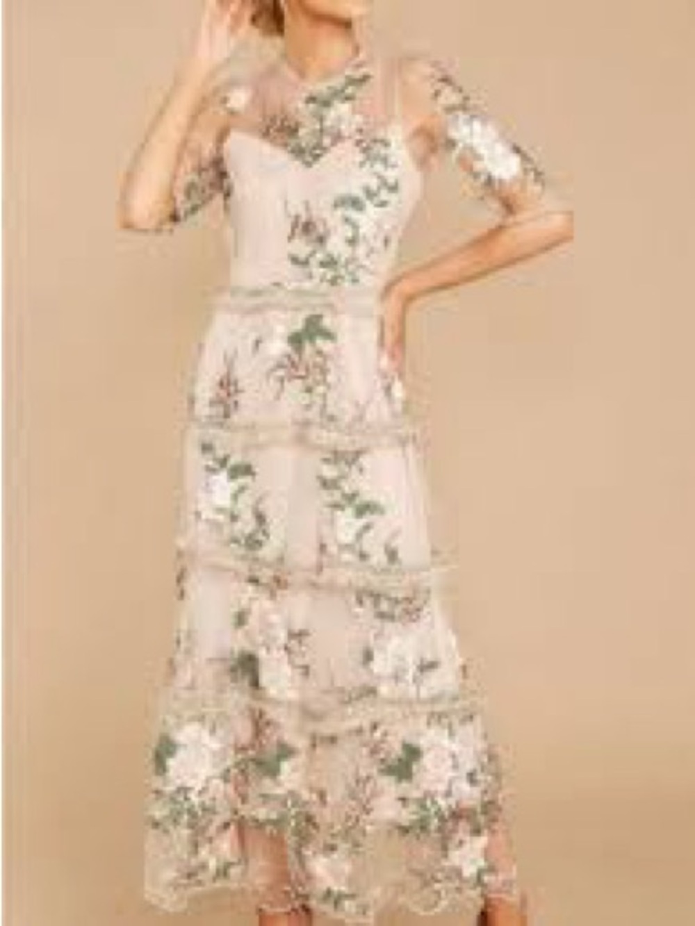 Embroidered Floral Midi Dress in Light Blush